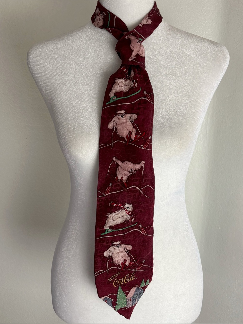 Vintage Coca-Cola Polar Bear Silk Necktie Burgundy Christmas Ski Tie USA
